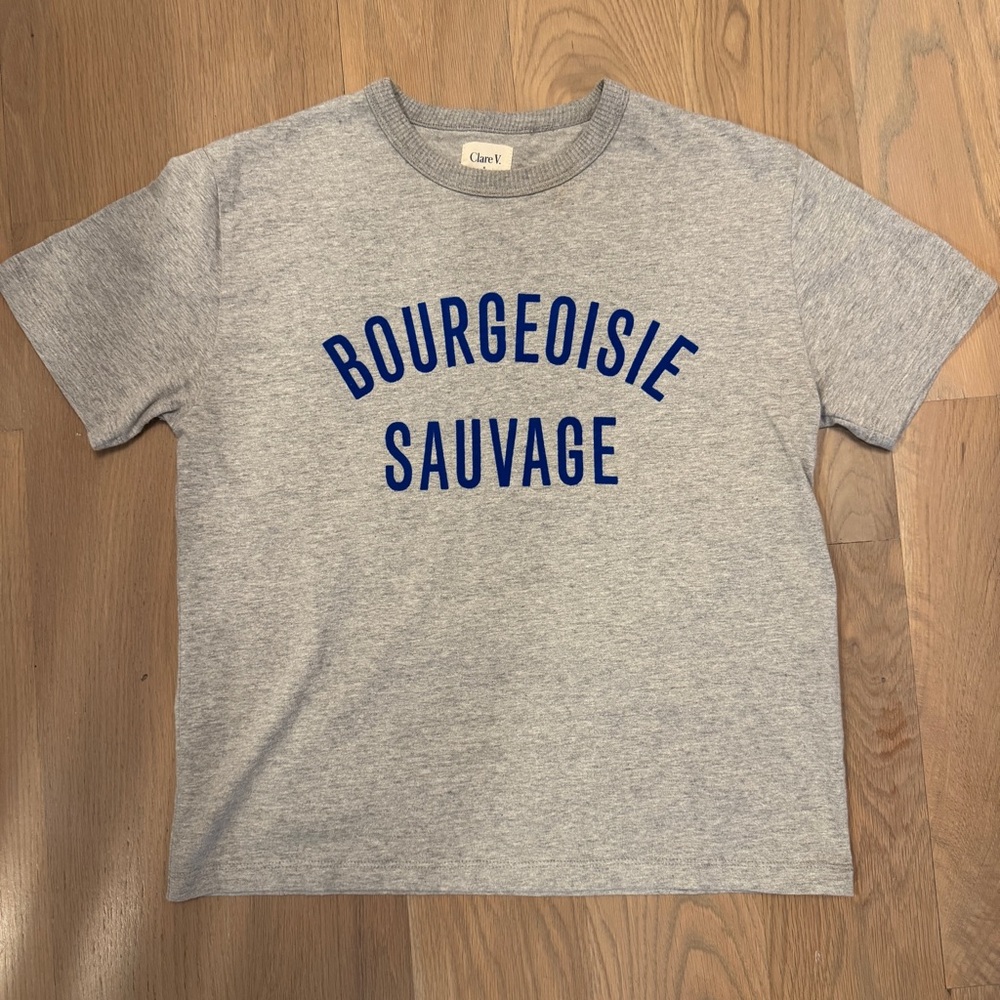 Clare V x Monoprix Heather Gray Tee with Bold Blue Text